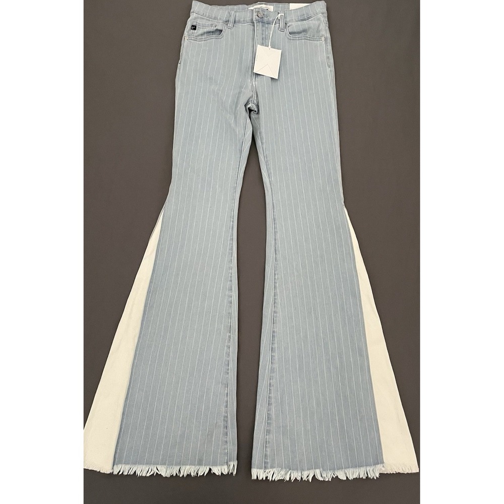 NEW! KanCan High Rise Super Flare Jeans Womens 7/27 Raw Hem Striped Light Wash